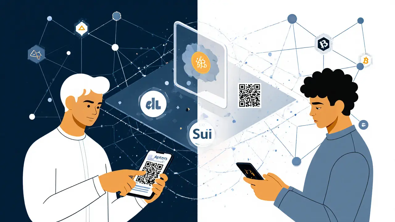 Groupe diversifié d'utilisateurs interagissant avec des appareils mobiles pour acheter et staker des NFT sur BlueMove.