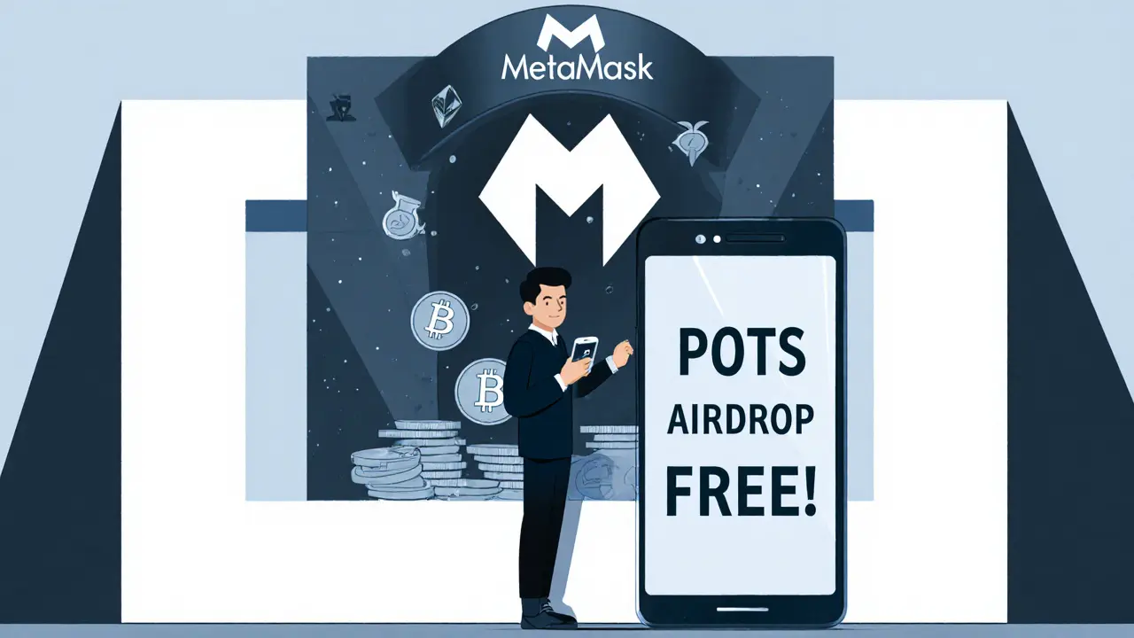 Investisseur regardant un téléphone avec un faux airdrop, tandis que son portefeuille est aspiré dans un vide.