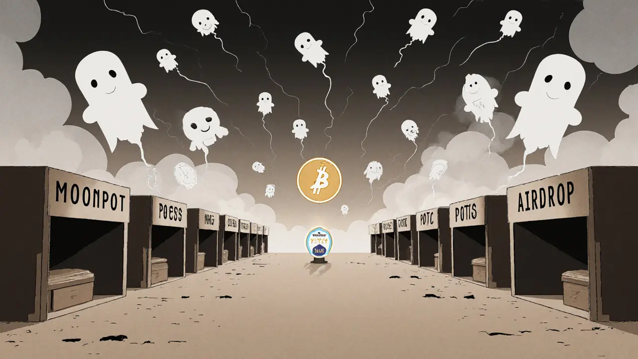 Marché crypto désert avec des étals abandonnés et des jetons fantômes qui s'évaporent dans le ciel.