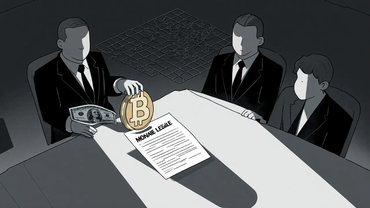 Parlement salvadorien où une pièce Bitcoin est retirée d'un document légal, style Bauhaus.