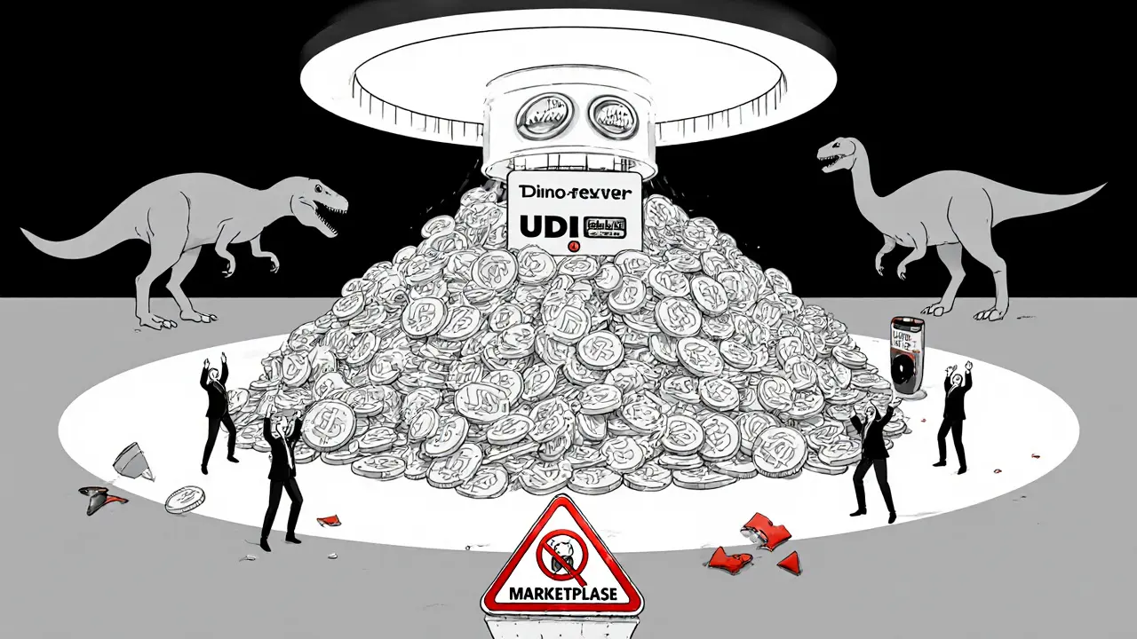 Pile de USDT avalée par une campagne Dino-Fever, avec des silhouettes de dinosaures géométriques.