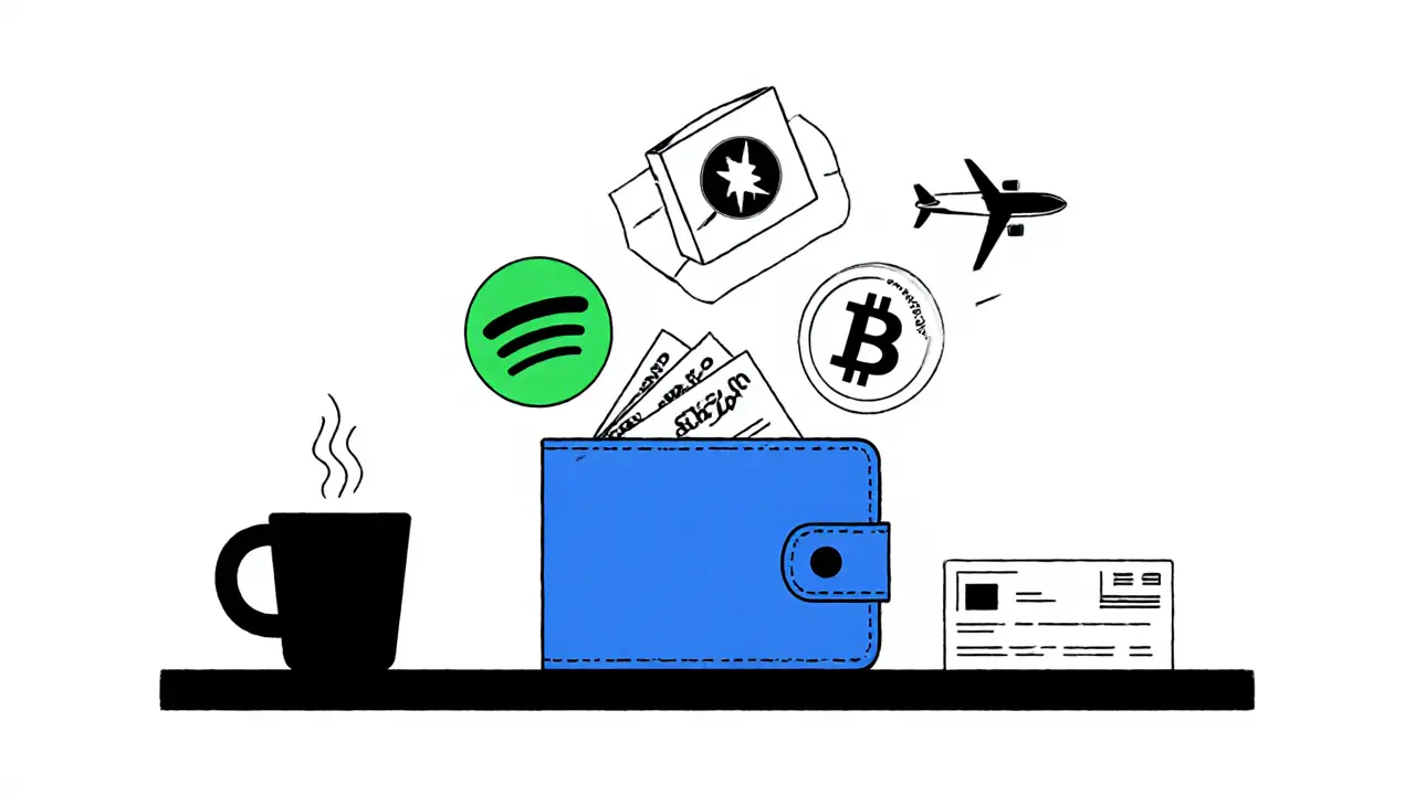 Portefeuille numérique libérant des jetons QBX qui deviennent des services comme Spotify ou Amazon.