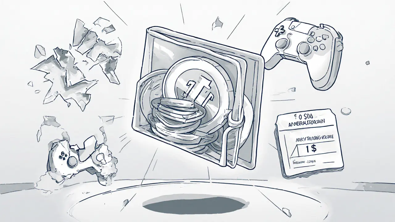 Portefeuille vide rempli de jetons DSG sans valeur, entouré de symboles d'échec et de promesses brisées.