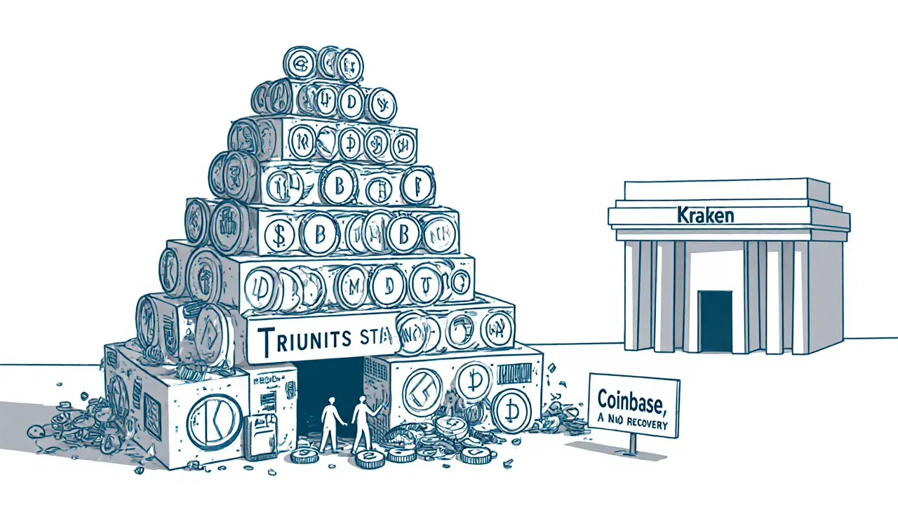 Pyramide de cryptomonnaies en effondrement, avec des utilisateurs perdant leurs fonds, style Bauhaus.