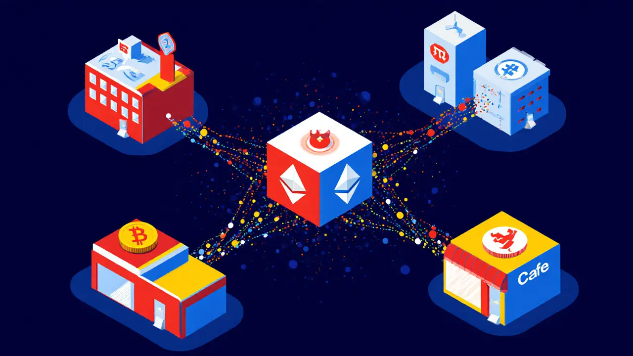 Réseau de marques connectées par des flux de jetons QBX sur une blockchain en forme de cube.