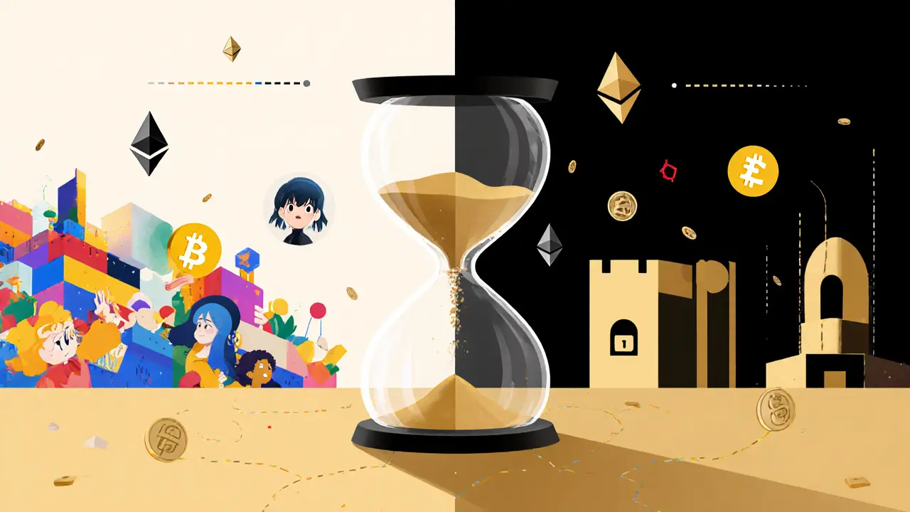 Sablier géant sépare Soneium et Ethereum, symbole du retrait de 7 jours en style Bauhaus.