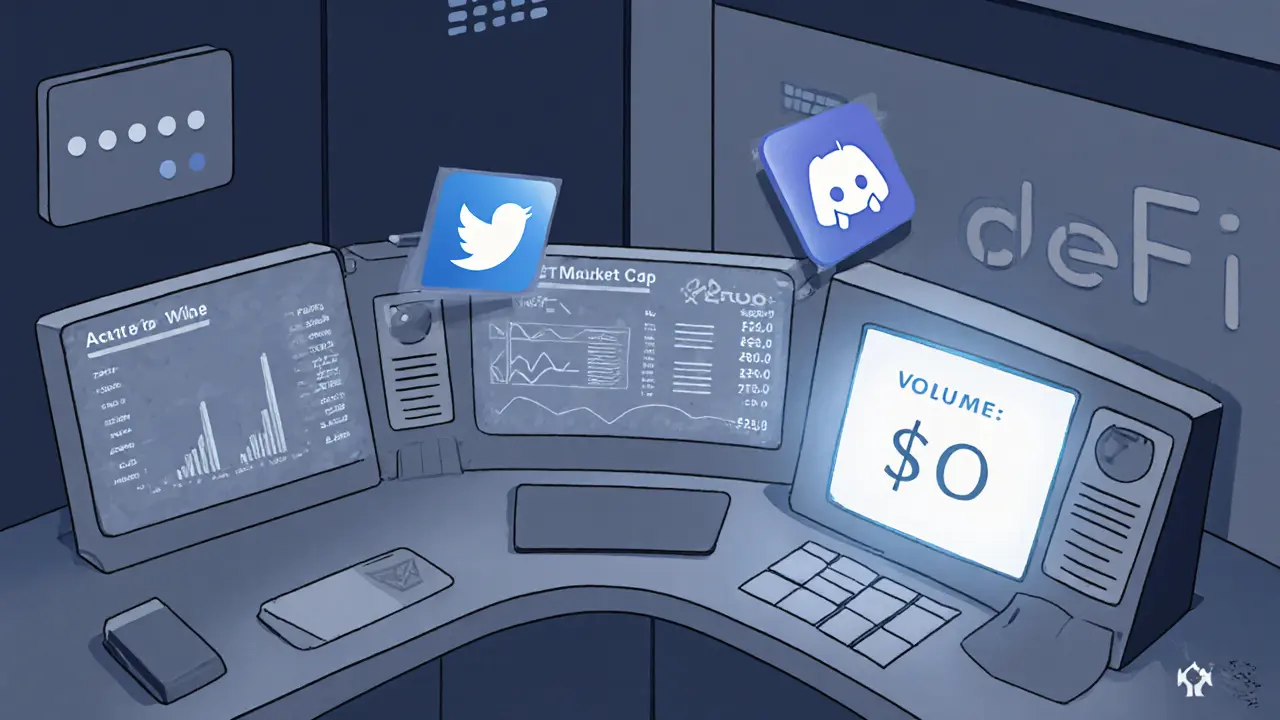 Salle de contrôle DeFi vide avec des dashboards à zéro dans un style Bauhaus.