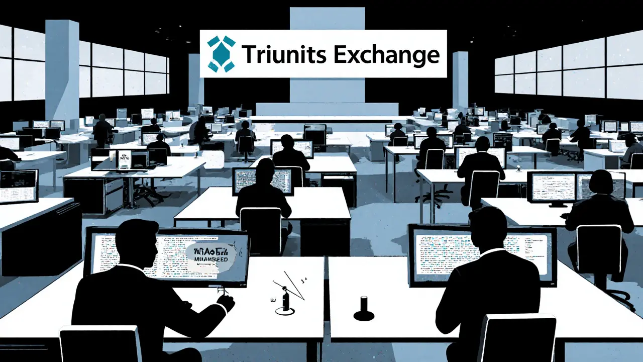 Salles de trading vides avec des écrans morts et un logo d'arnaque en arrière-plan, style Bauhaus.