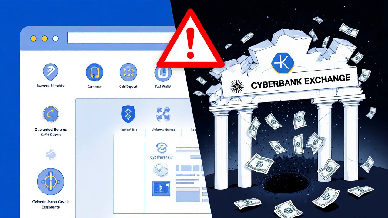 Scène comparant un échange crypto légitime et un site frauduleux en style géométrique Bauhaus.