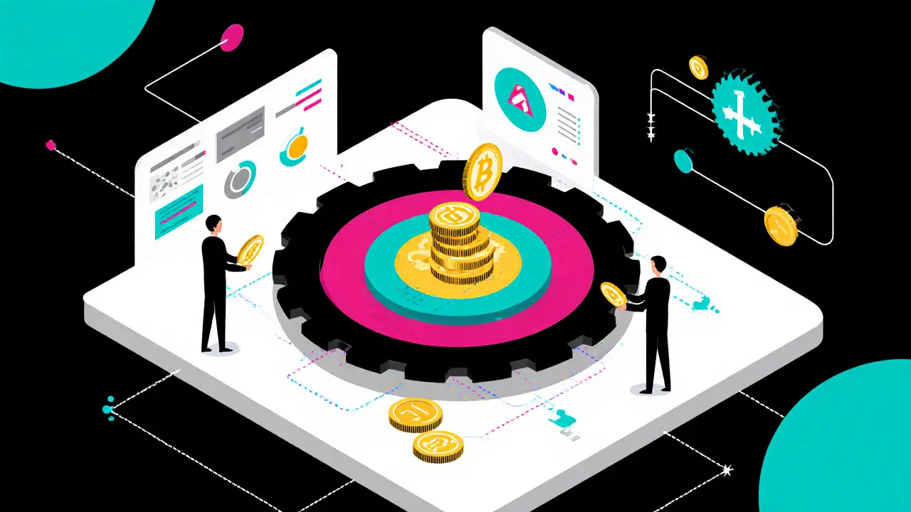 Tableau de bord de staking en forme de rouages géométriques où les jetons MOVE génèrent des récompenses en APT.