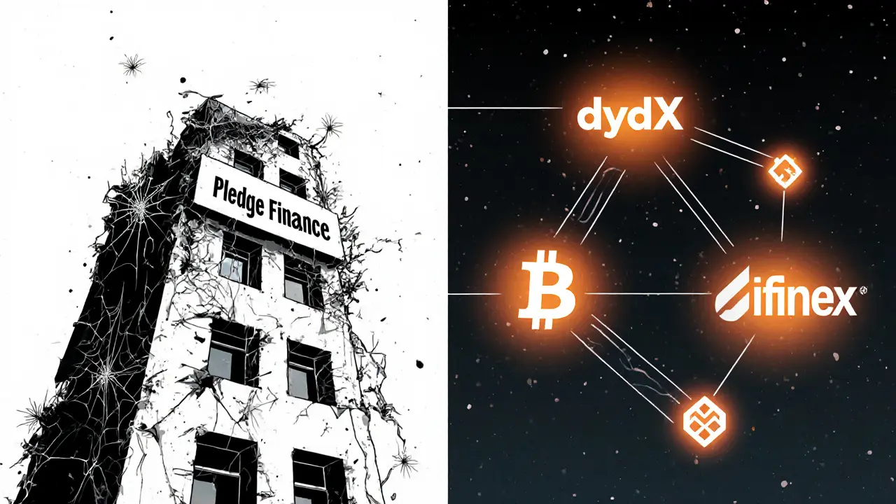 Tour morte de Pledge Finance contre un écosystème DeFi actif en style Bauhaus.