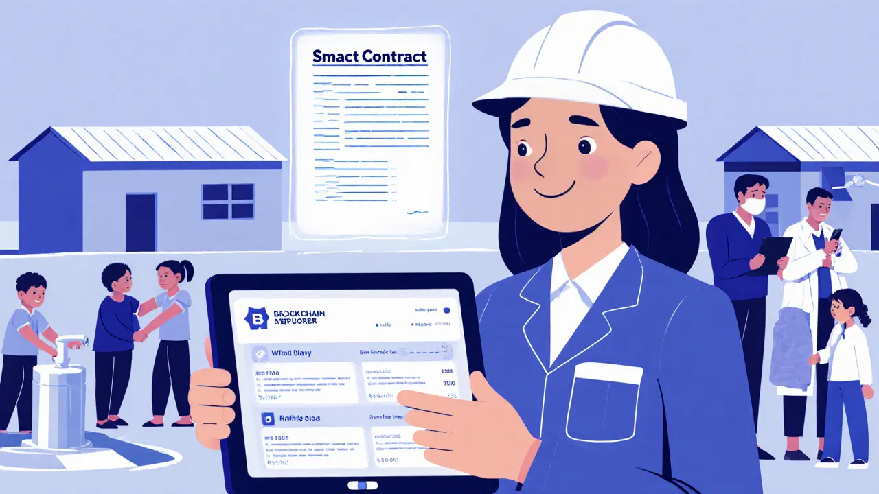 Travailleur humanitaire surveillant une blockchain en temps réel tandis que l’aide arrive dans une communauté.