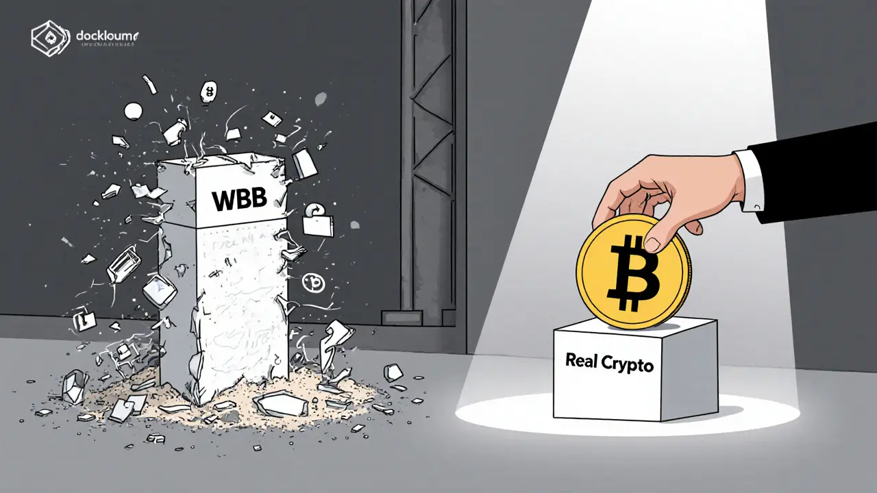 Un monument WBB en ruine tandis qu&#039;un Bitcoin et un Ethereum sont placés sur un piédestal solide.