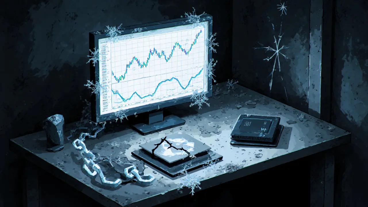 Une chaîne de blocs cassée sur un bureau avec un CPU et un GPU inactifs.