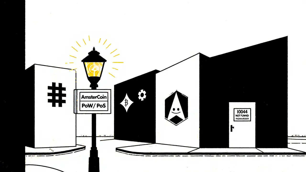 Une ville numérique abandonnée avec des bâtiments en forme de symboles crypto et une porte fermée.