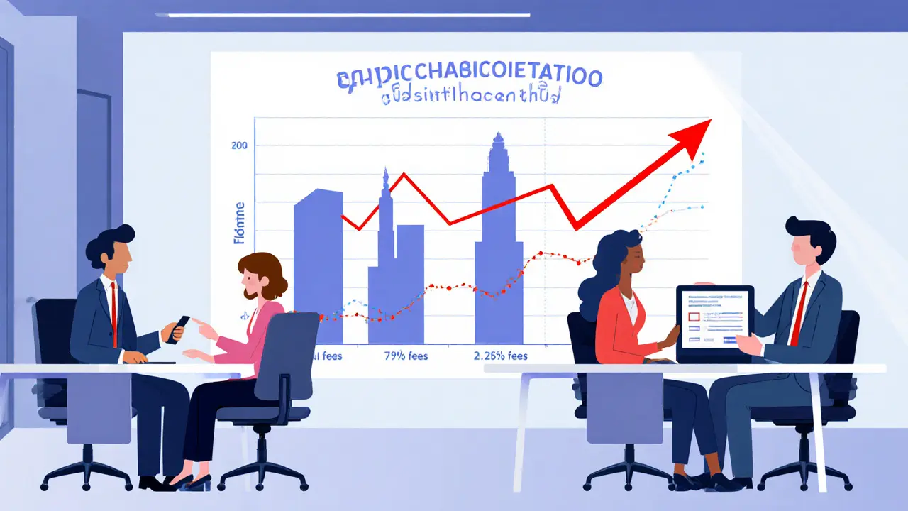 Bureau moderne avec tableau de réduction des frais et adoption croissante des entreprises.