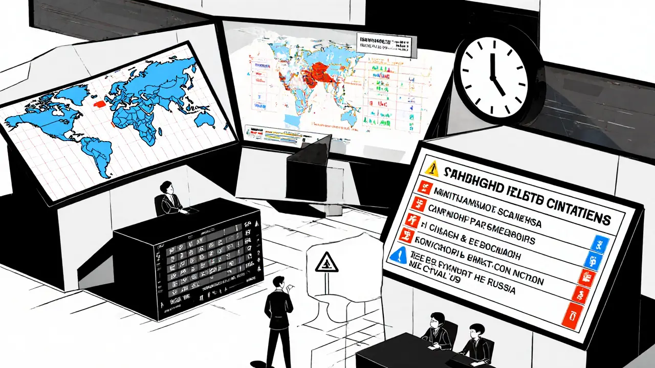 Centre de commande avec des cartes de flux crypto et des entités sanctionnées, représenté en style Bauhaus.