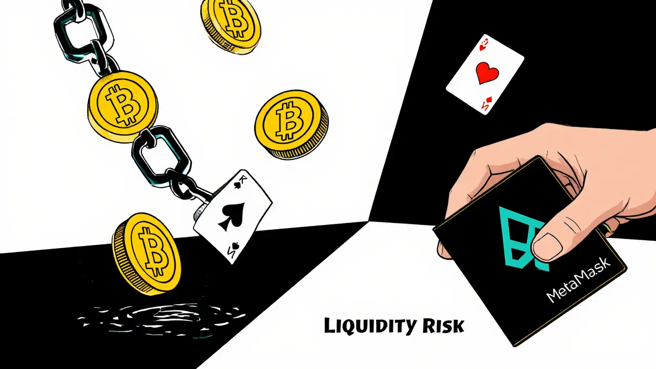 Chaîne de blocs fragmentée avec des jetons PKR et des NFTs en suspension, certains tombant dans le vide.