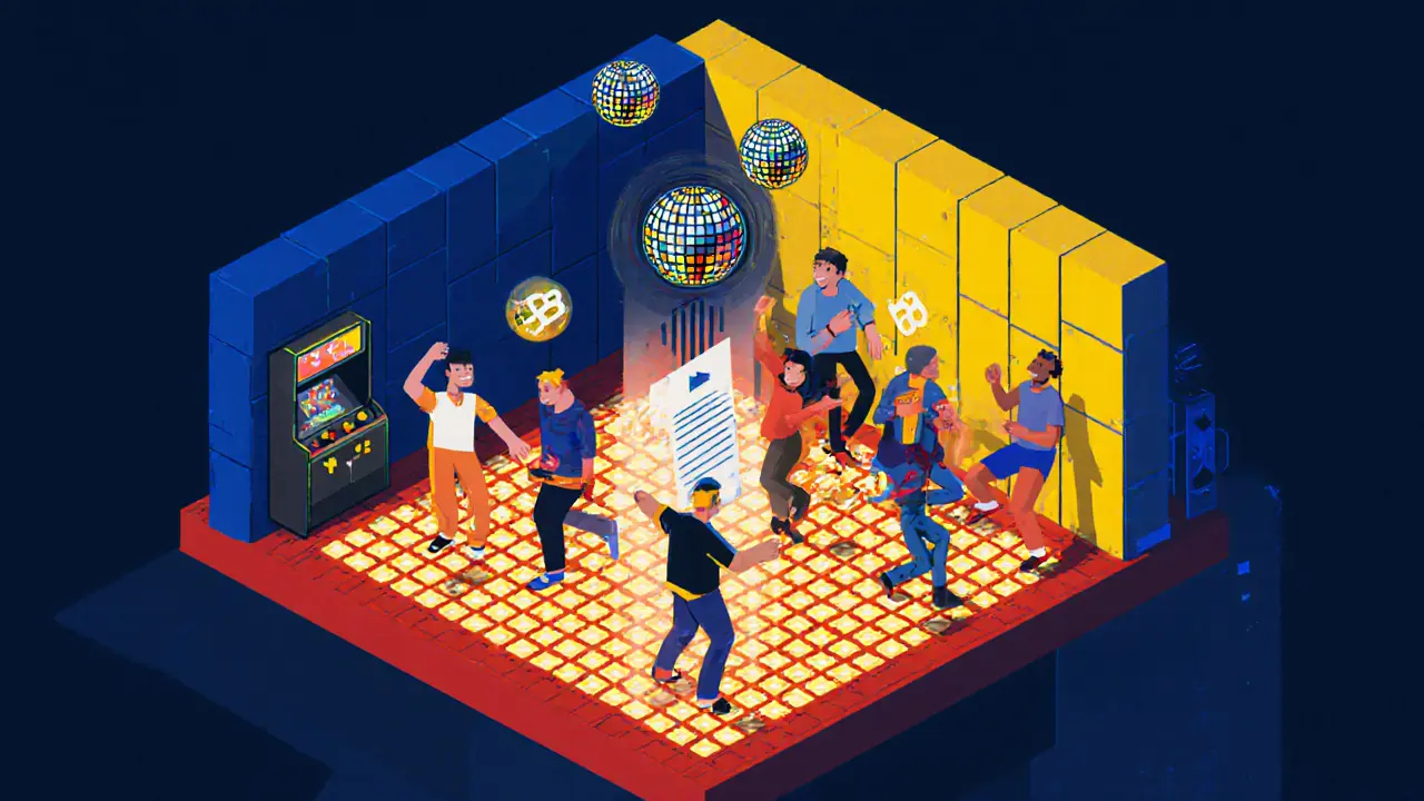 Communauté virtuelle réunie dans une chambre NFT pour jouer et voter, dans un style géométrique Bauhaus.