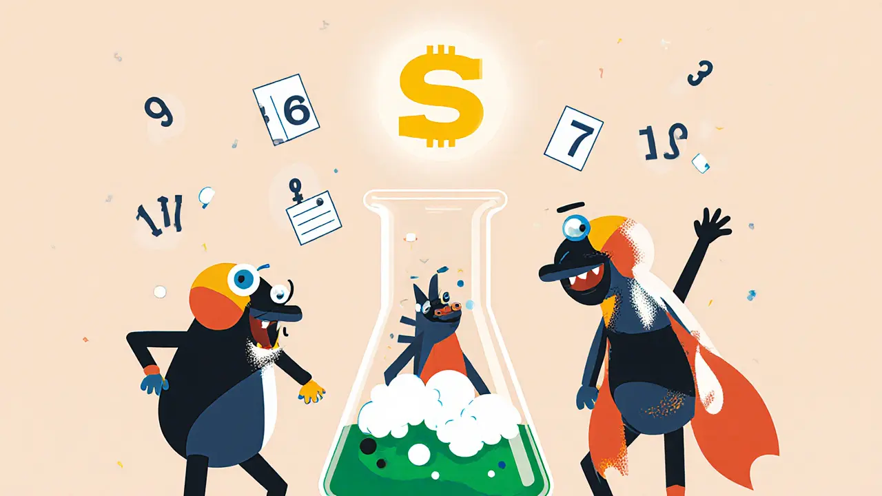 Des créatures NFT géométriques qui fusionnent dans un laboratoire sous un logo Solana, avec des nuages de gaz et des bulletins de vote.