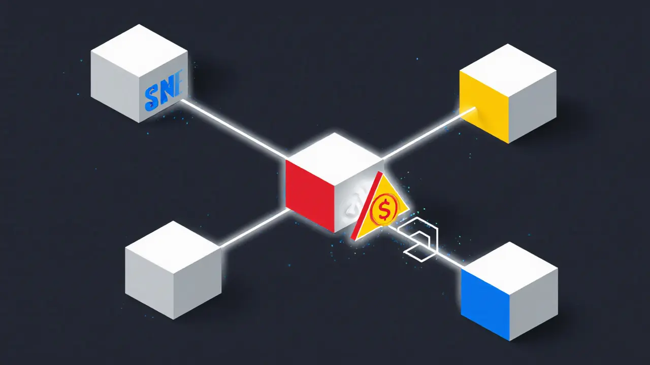 Des nœuds informatiques connectés transmettent des jetons SNE vers un portail de staking.
