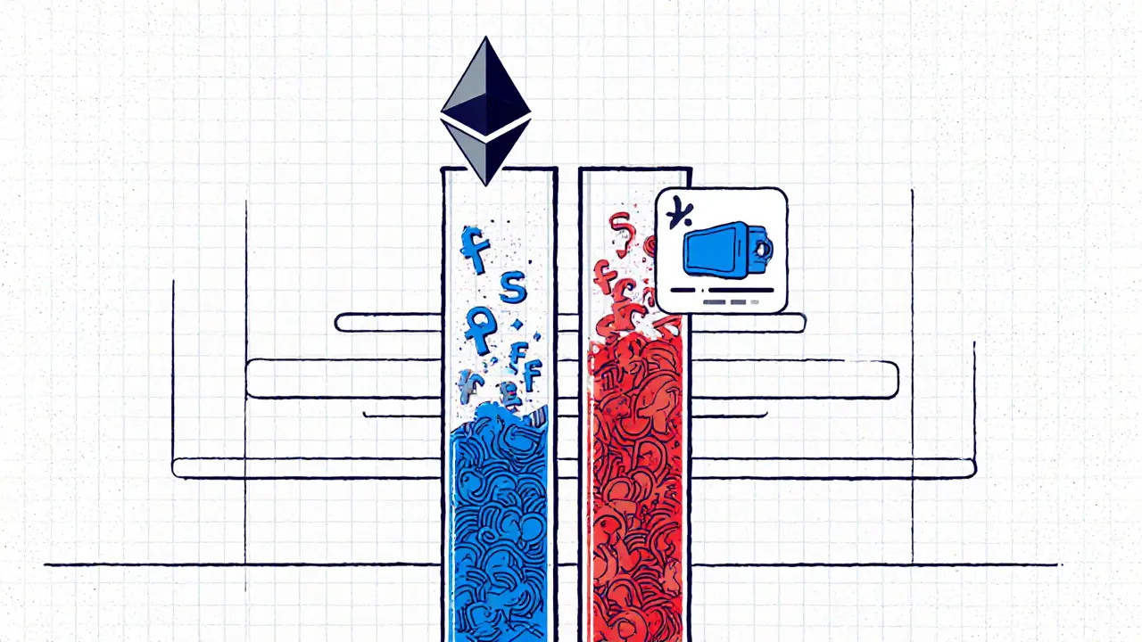 Deux tubes croisés représentant les frais Ethereum : base fee brûlé et priority fee, avec des NFT en surcharge.