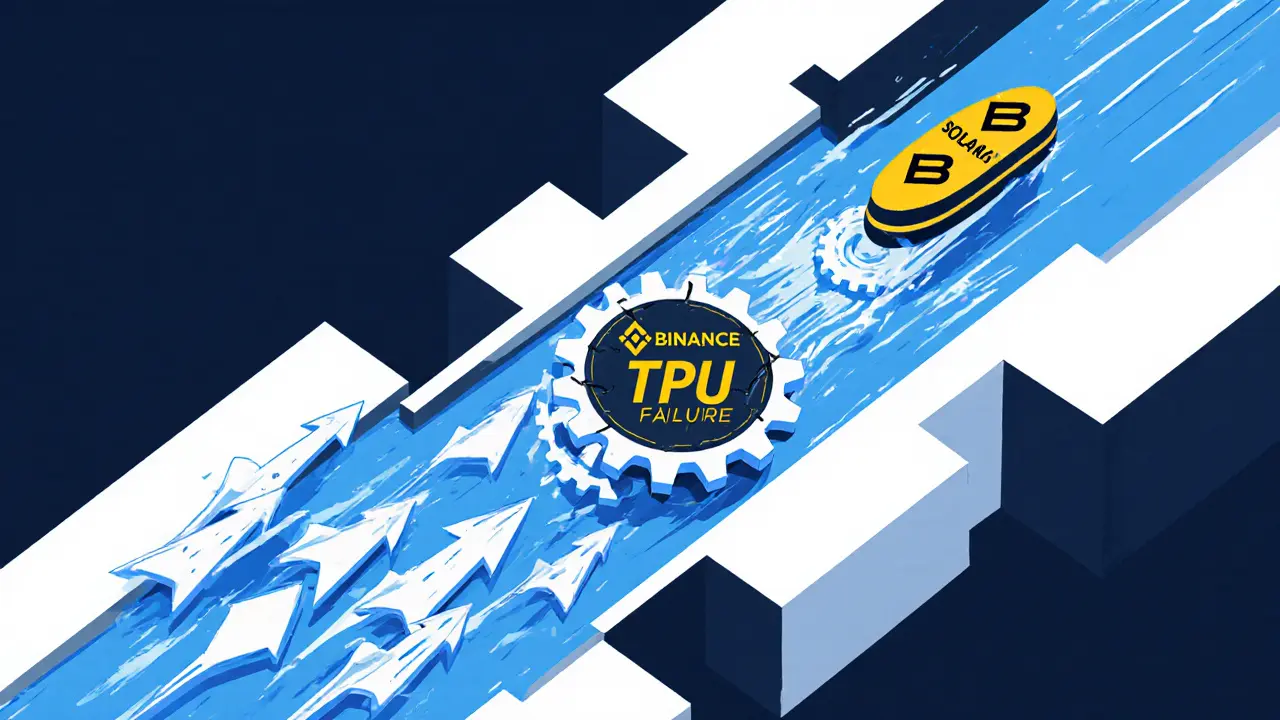 Flot de transactions Solana bloqué par une pièce défectueuse, tandis qu&#039;un nœud BNB Chain avance sans problème.