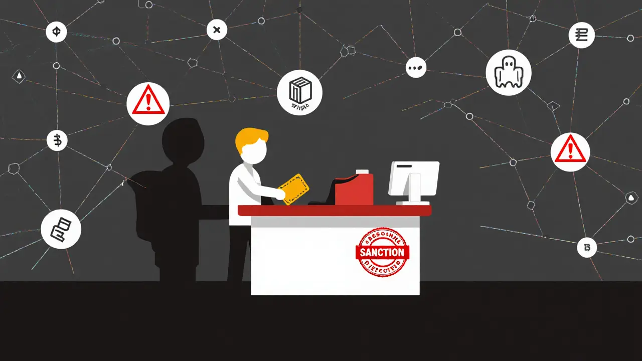 Individu échangeant un portefeuille crypto avec un banquier, entouré de symboles de risque en style Bauhaus.