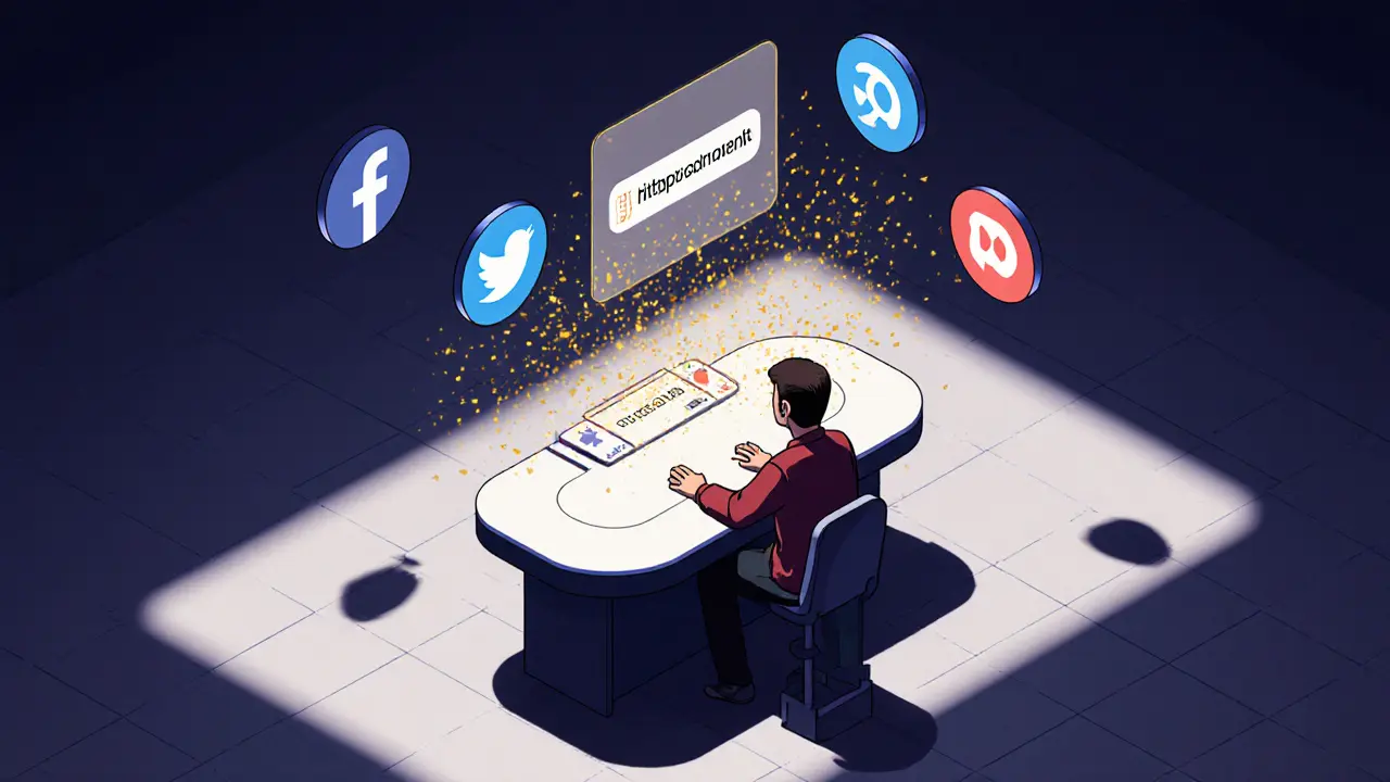 Joueur à un terminal de poker entouré d'icônes de réseaux sociaux émettant des étincelles.