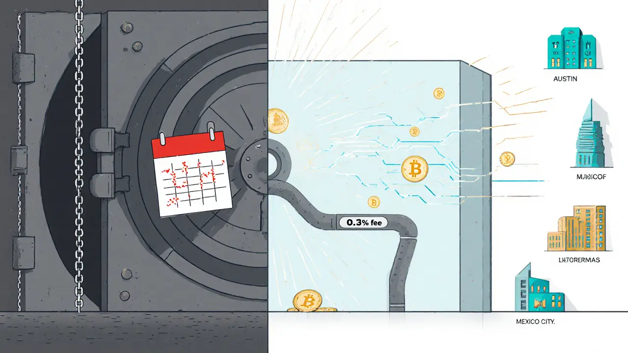 Scène divisée : coffre-fort traditionnel vs. passerelle numérique à frais réduits.