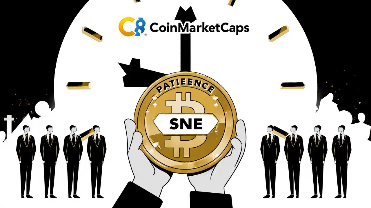 Une personne reçoit un jeton SNE devant une horloge symbolisant la patience.