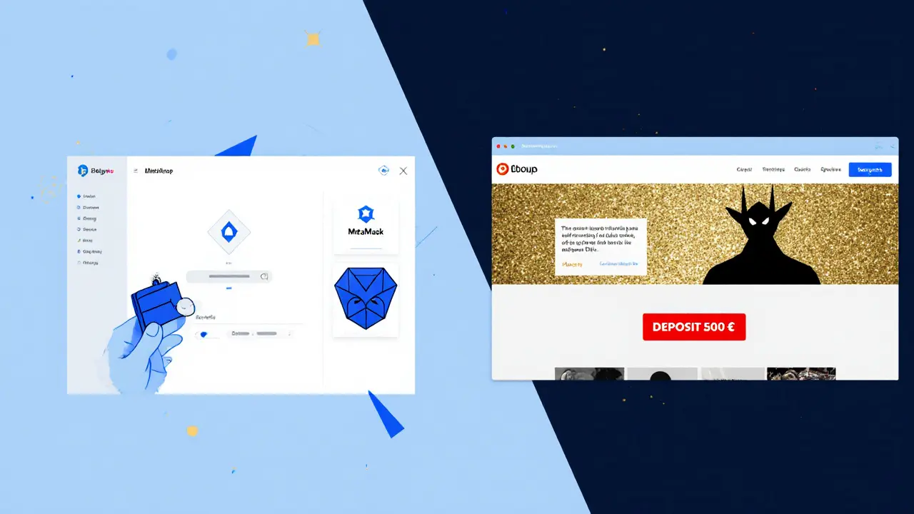 Scène divisée : à gauche, une interface DEX propre avec un portefeuille connecté ; à droite, un site frauduleux avec un bouton rouge &#039;Déposer 500 $&#039;.