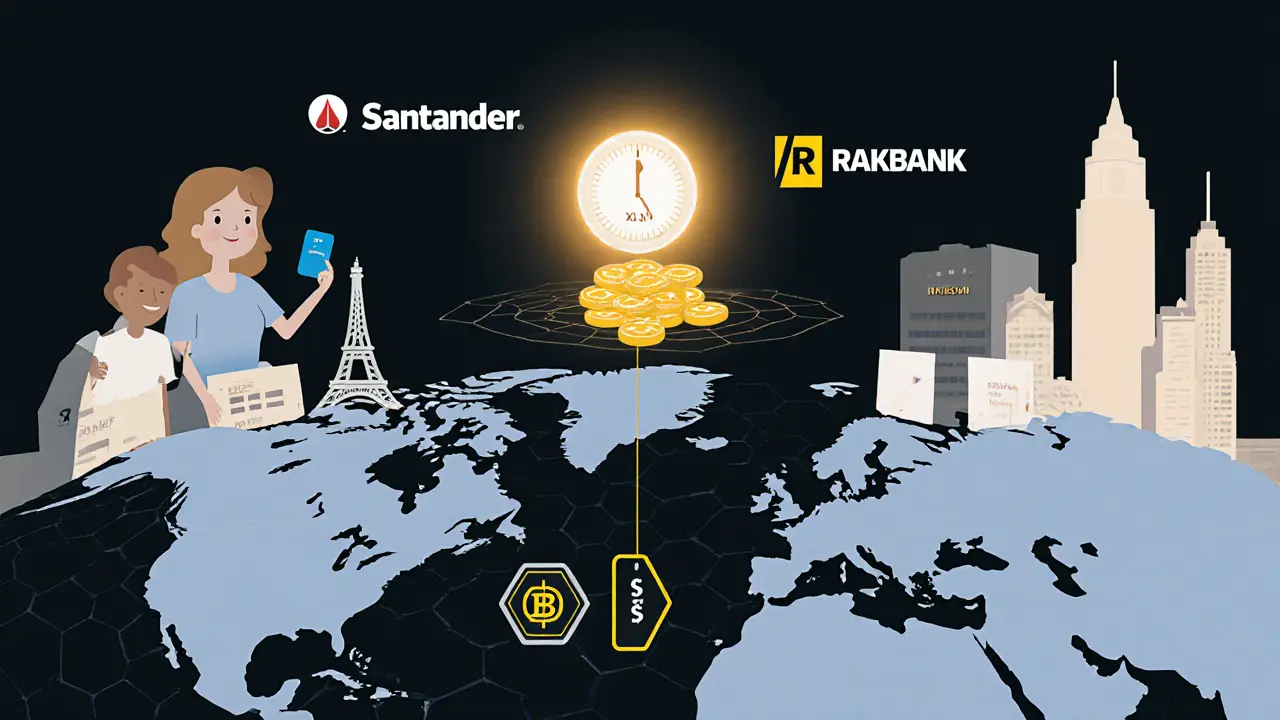Transfert international XRP de Paris à Manille, avec un chronomètre et des formes hexagonales connectées.