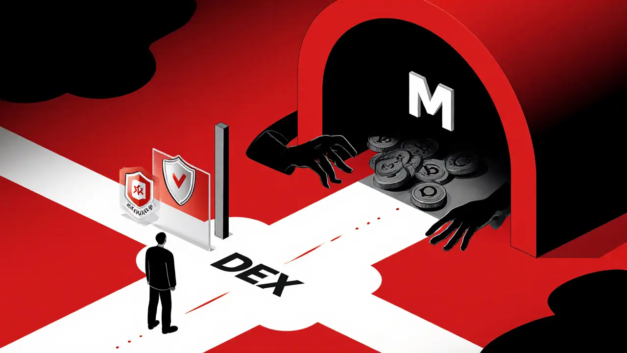 Un investisseur face à un carrefour : un chemin vers un DEX sécurisé, l&#039;autre vers un tunnel sombre menant à &#039;Minter&#039; avec des mains tendues.