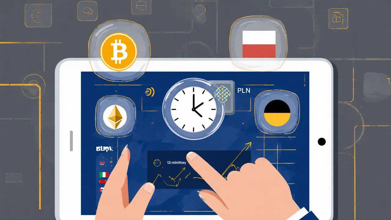 Utilisateur européen sur tablette avec l'interface simplifiée d'EllipX, affichant des paires de crypto et un scan biométrique.