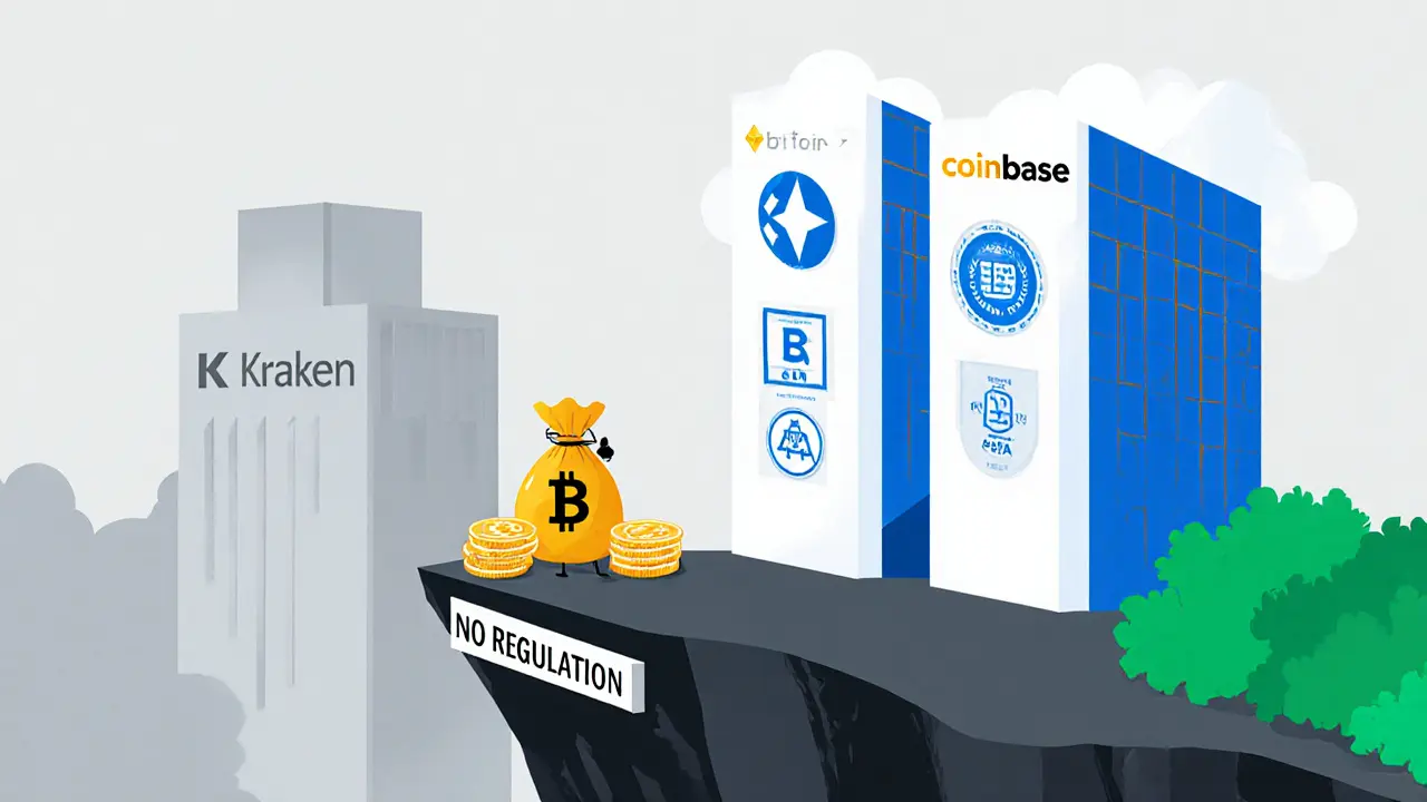 Utilisateur hésitant face à un précipice 'Sans régulation', avec des plateformes sécurisées en arrière-plan en style Bauhaus.