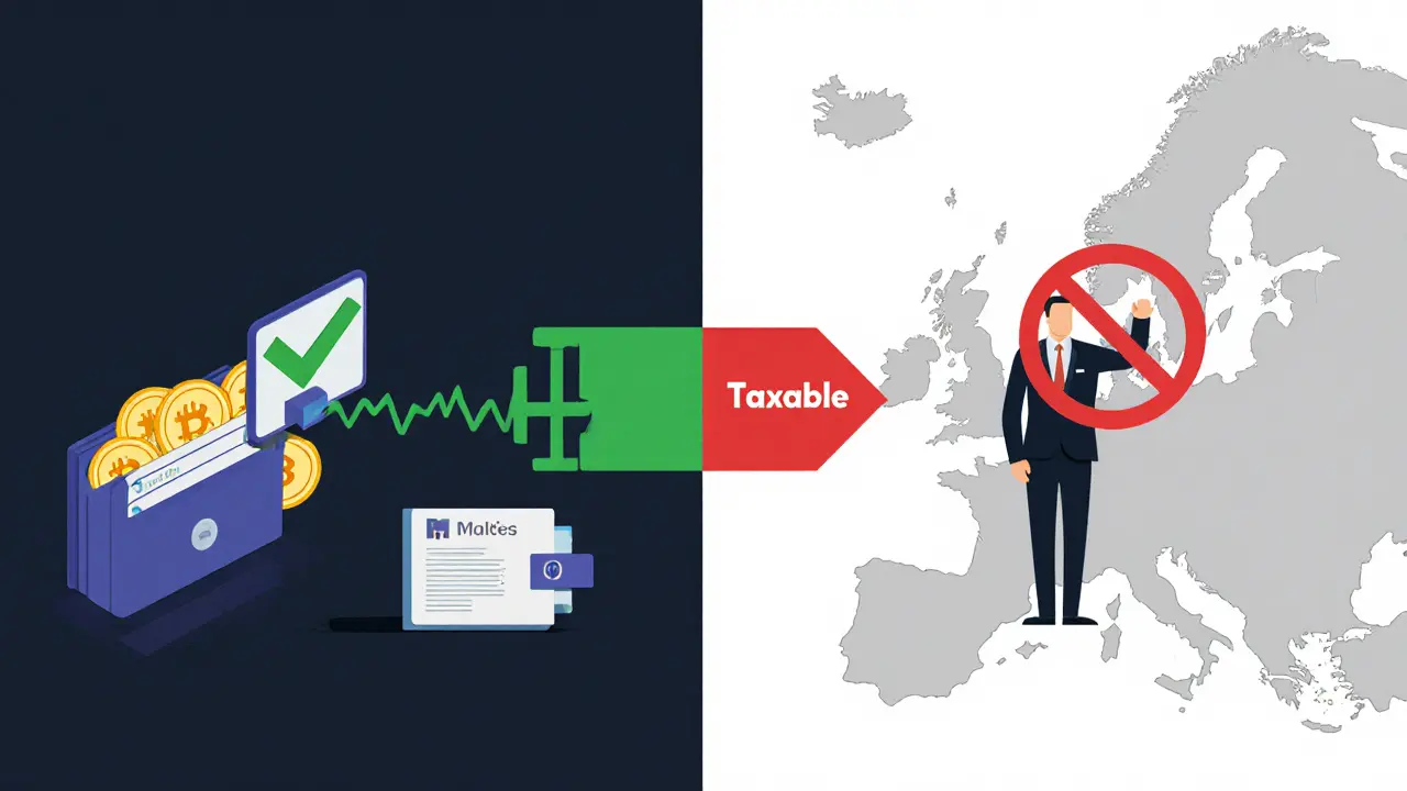Contraste entre transfert crypto sécurisé et évitement de compte bancaire taxable, style géométrique.