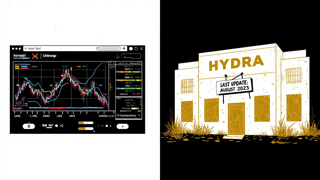 Contraste entre un DEX actif et HYDRA Dex abandonné, dans un style géométrique minimaliste.