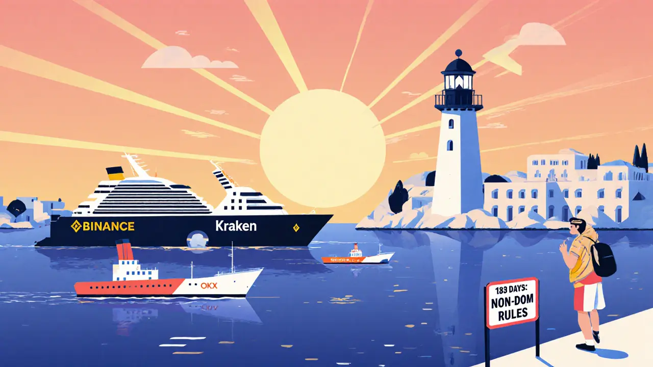 Port de Malte avec bateaux crypto et voyageur suivant les règles non-dom, style Bauhaus.