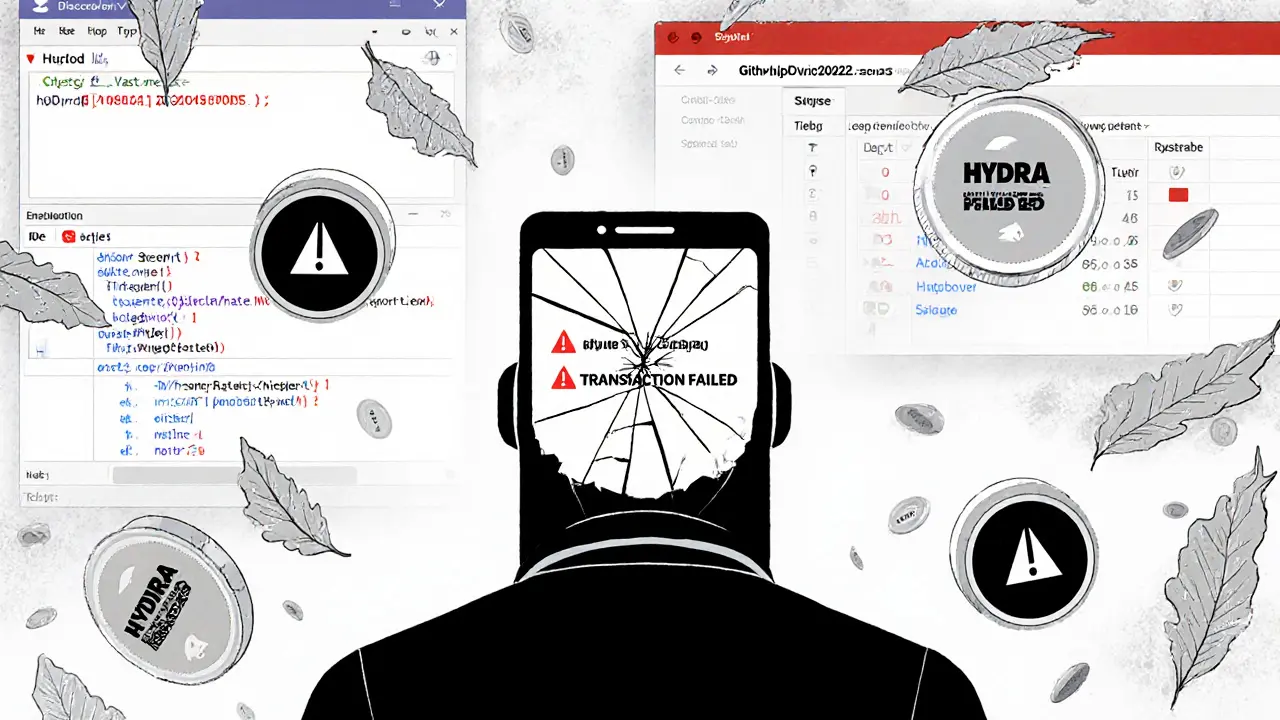 Trader confronté à des erreurs techniques et des tokens HYDRA en chute libre dans le vide.