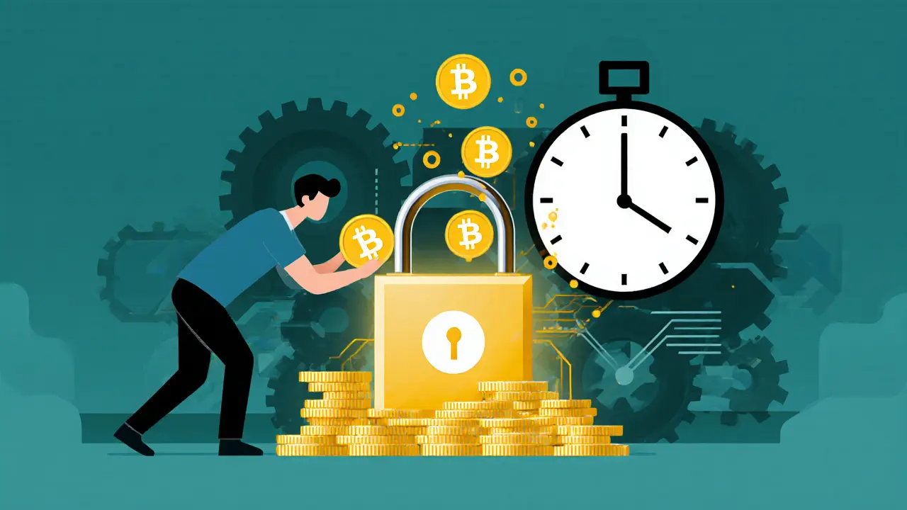 Utilisateur recevant des bitcoins en bloquant des jetons STX dans un mécanisme lumineux.