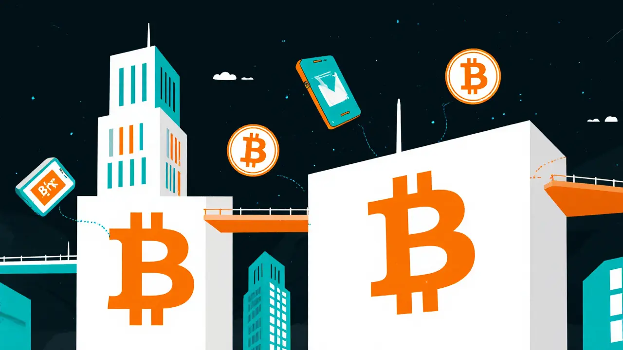 Ville futuriste avec des bâtiments Bitcoin en base et des applications décentralisées en haut.