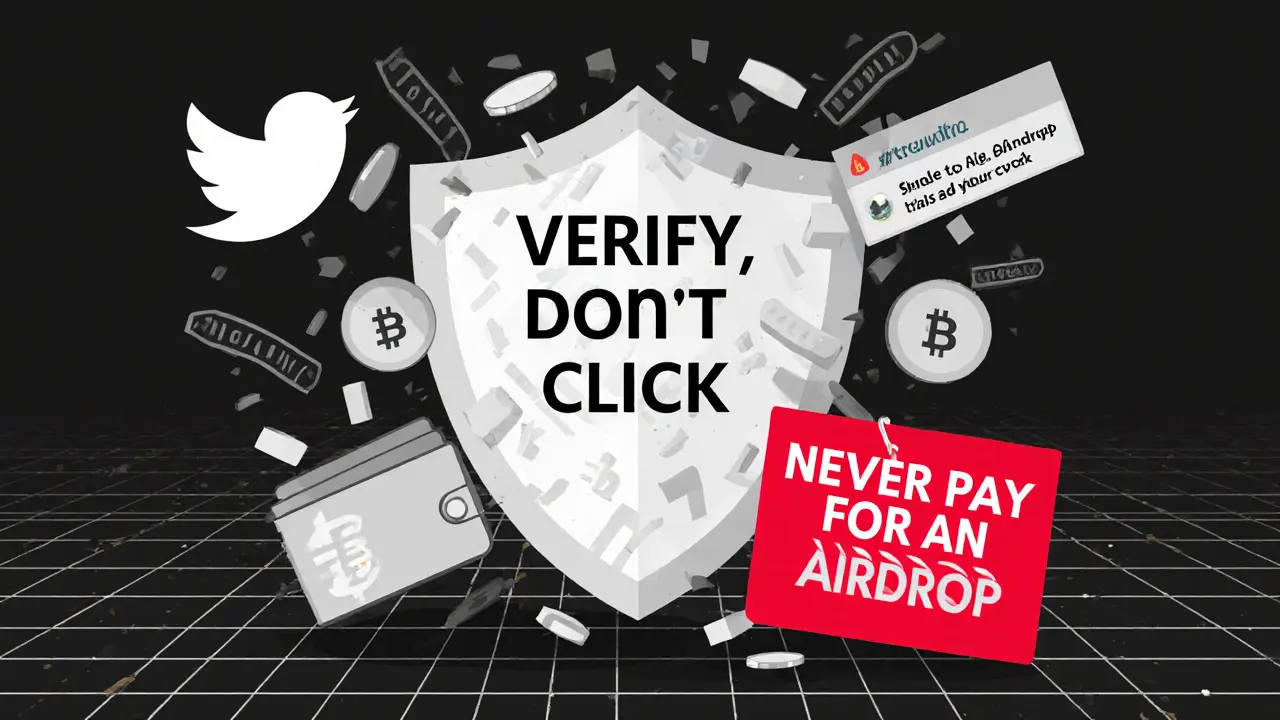 Bouclier géométrique protégeant un portefeuille crypto contre des liens de phishing et des tokens volés, avec un avertissement rouge.