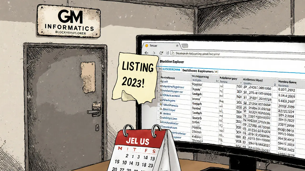 Bureau fermé de GM Informatics avec écran blockchain montrant seulement 130 portefeuilles.