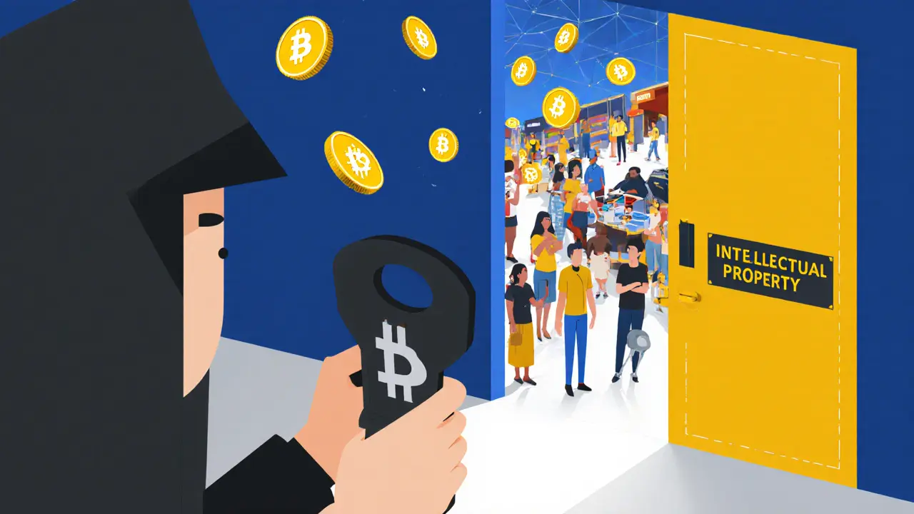 Créateurs échangeant des droits sur un marché blockchain stylisé en géométrie pure.