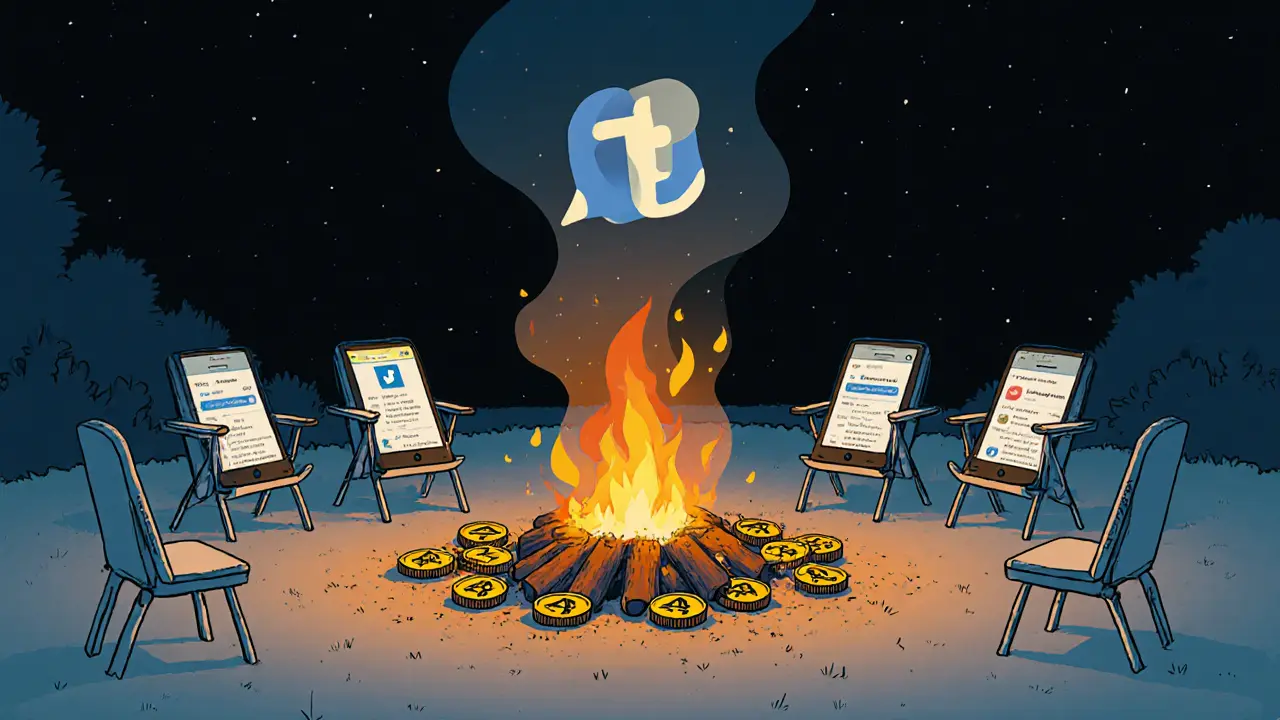 Feu de camp en jetons ACMD qui s&#039;éteint, avec des chaises vides et un logo CoinMarketCap flou au loin.