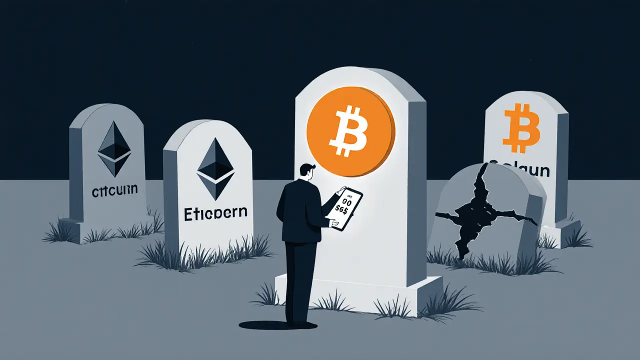 Investisseur regardant un téléphone avec un prix crypto effondré, tandis que des tombes de cryptos sérieuses se dressent derrière lui.