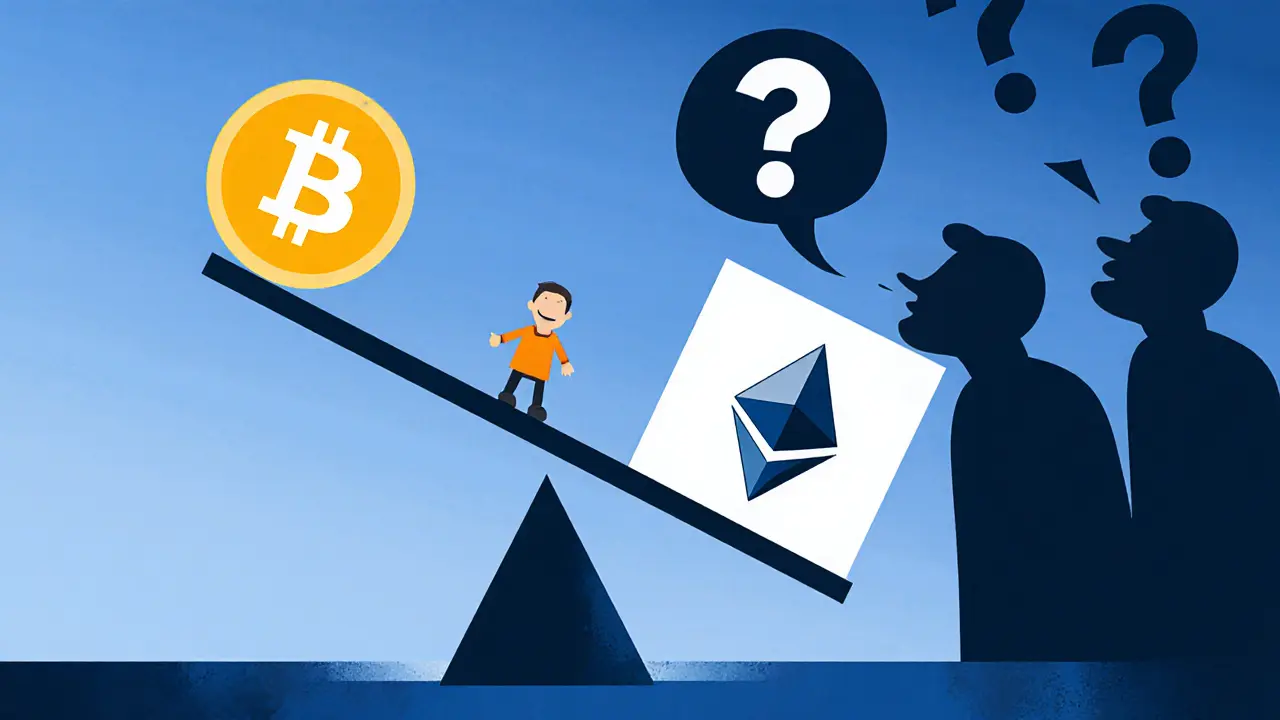 Jetons GMCOIN comparés à Bitcoin et Ethereum sur une balance déséquilibrée.