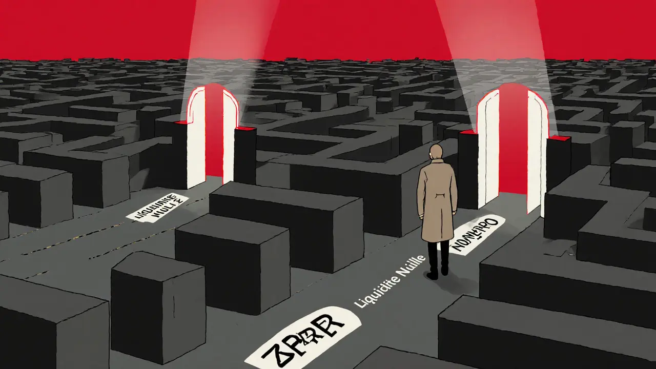 Labyrinthe de nœuds blockchain étiquetés SPR menant à une impasse, tandis qu&#039;un chemin vers Zcash et Monero s&#039;ouvre en lumière, une silhouette s&#039;éloigne.