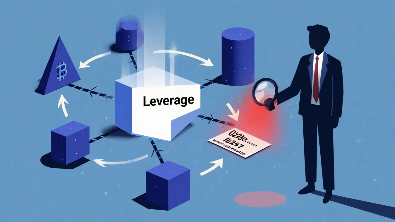 Réseau DeFi cross-chain en formes géométriques, avec un contrat de token et une lumière d&#039;avertissement rouge.